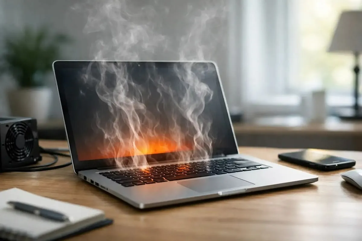 A laptop on a desk with the cooling fan working during an ordinary reading session.